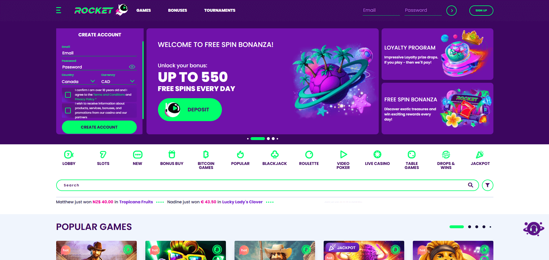 Casino Rocket Bonuses Page